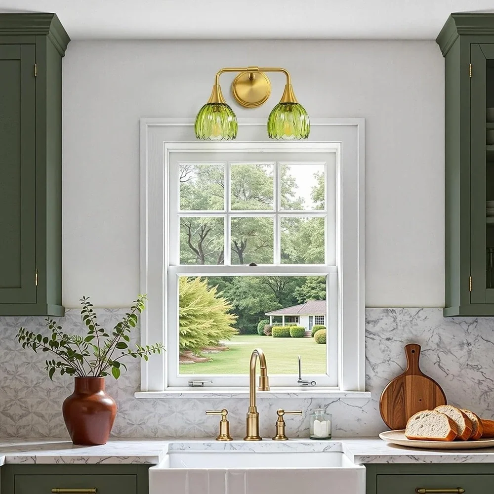 New 2-Light Vintage Vanity Fixture Brushed Gold Green Tulip Glass Bathroom